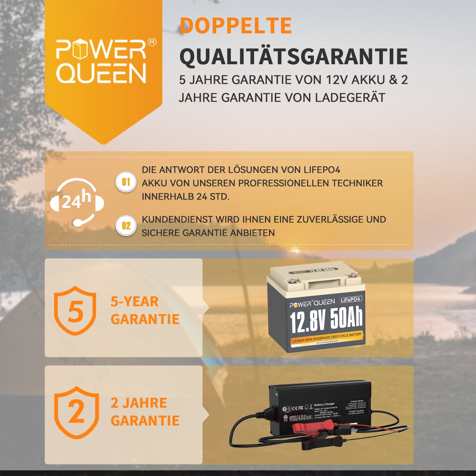 Power Queen 12.8V 50Ah LiFePO4 battery with 14.6V 10A LiFePO4 charger