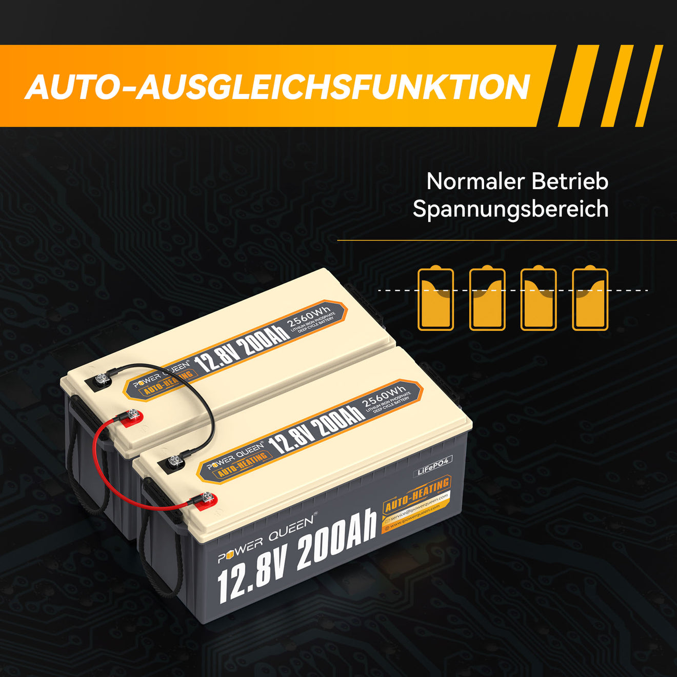 Batería LiFePO4 autocalentable Power Queen de 12,8 V y 200 Ah, BMS integrado de 100 A