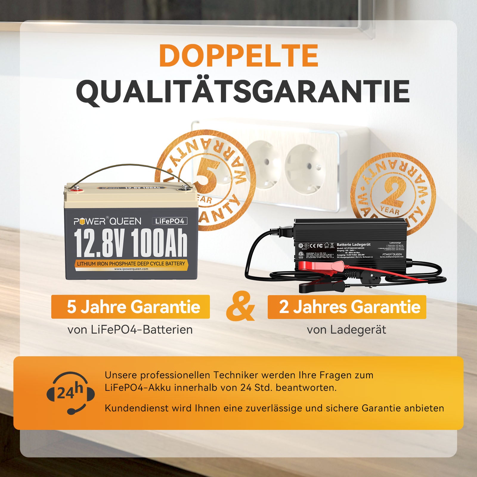 Batterie Power Queen 12,8 V 100 Ah LiFePO4 avec chargeur 14,6 V 20 A LiFePO4