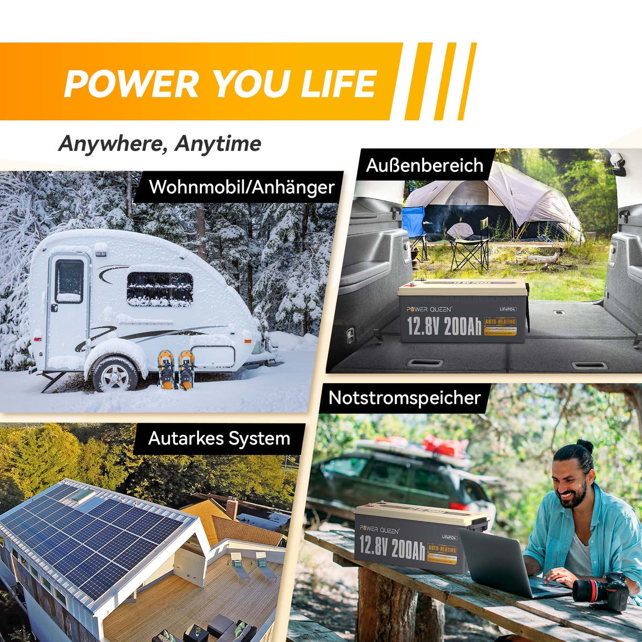 Batería LiFePO4 autocalentable Power Queen de 12,8 V y 200 Ah, BMS integrado de 100 A