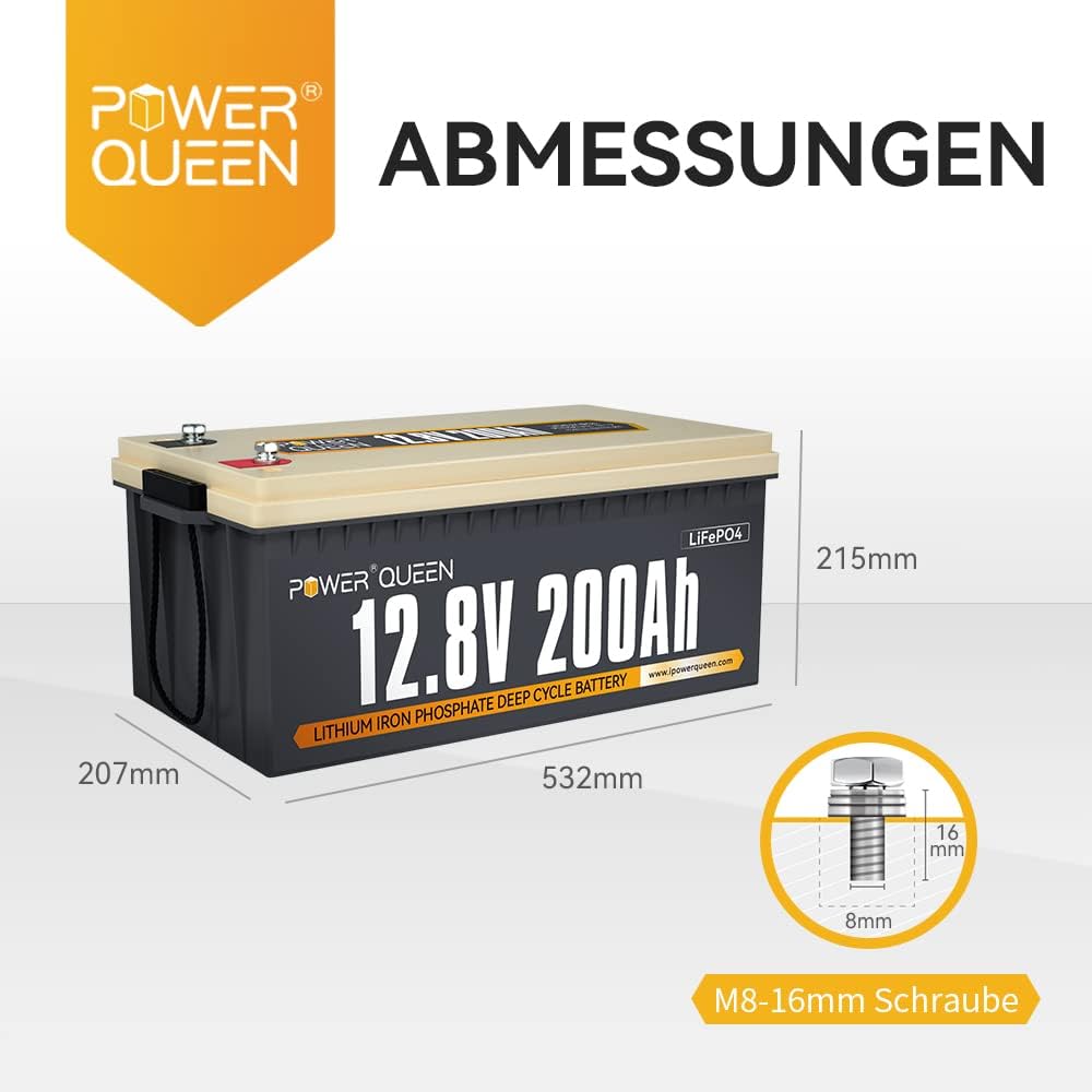 【0% BTW】Power Queen 12,8 V 200 Ah LiFePO4-batterij, ingebouwd 100 A BMS