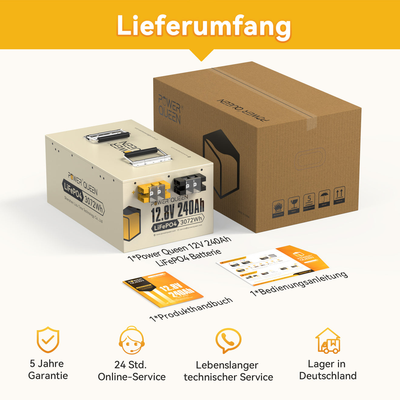 【0% Mwst.】Power Queen 12V 240Ah LiFePO4 Batterie, Eingebautes 150A BMS
