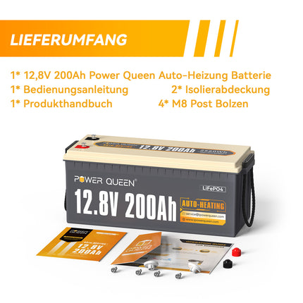 Power Queen 12.8V 200Ah Self-Heating LiFePO4 Battery, Built-in 100A BMS