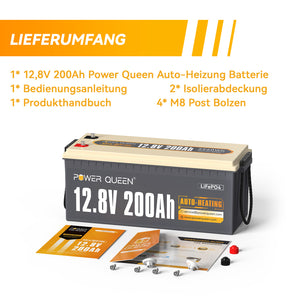 Batería LiFePO4 autocalentable Power Queen de 12,8 V y 200 Ah, BMS integrado de 100 A