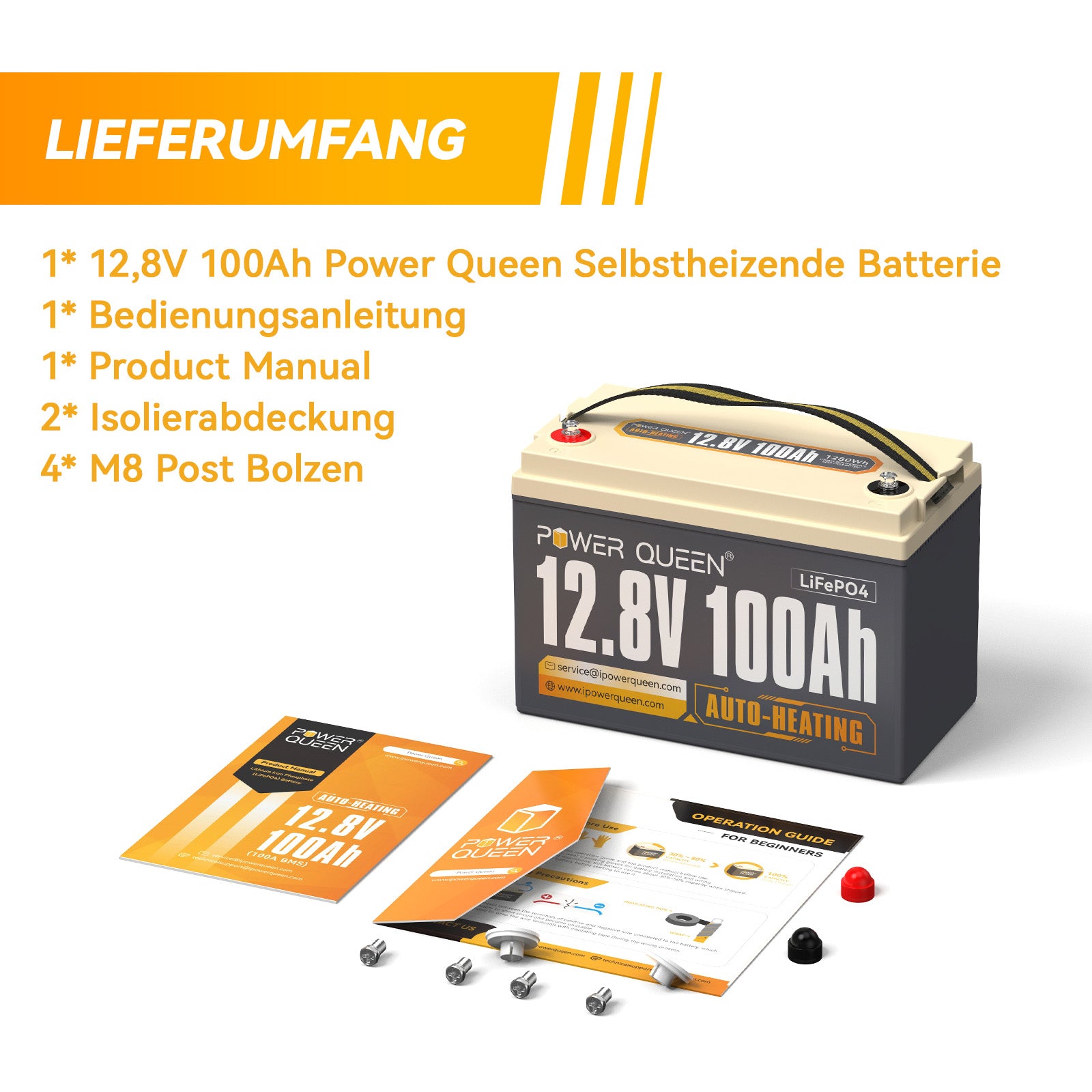 Power Queen 12.8V 100Ah Self-Heating LiFePO4 Battery, Built-in 100A BMS