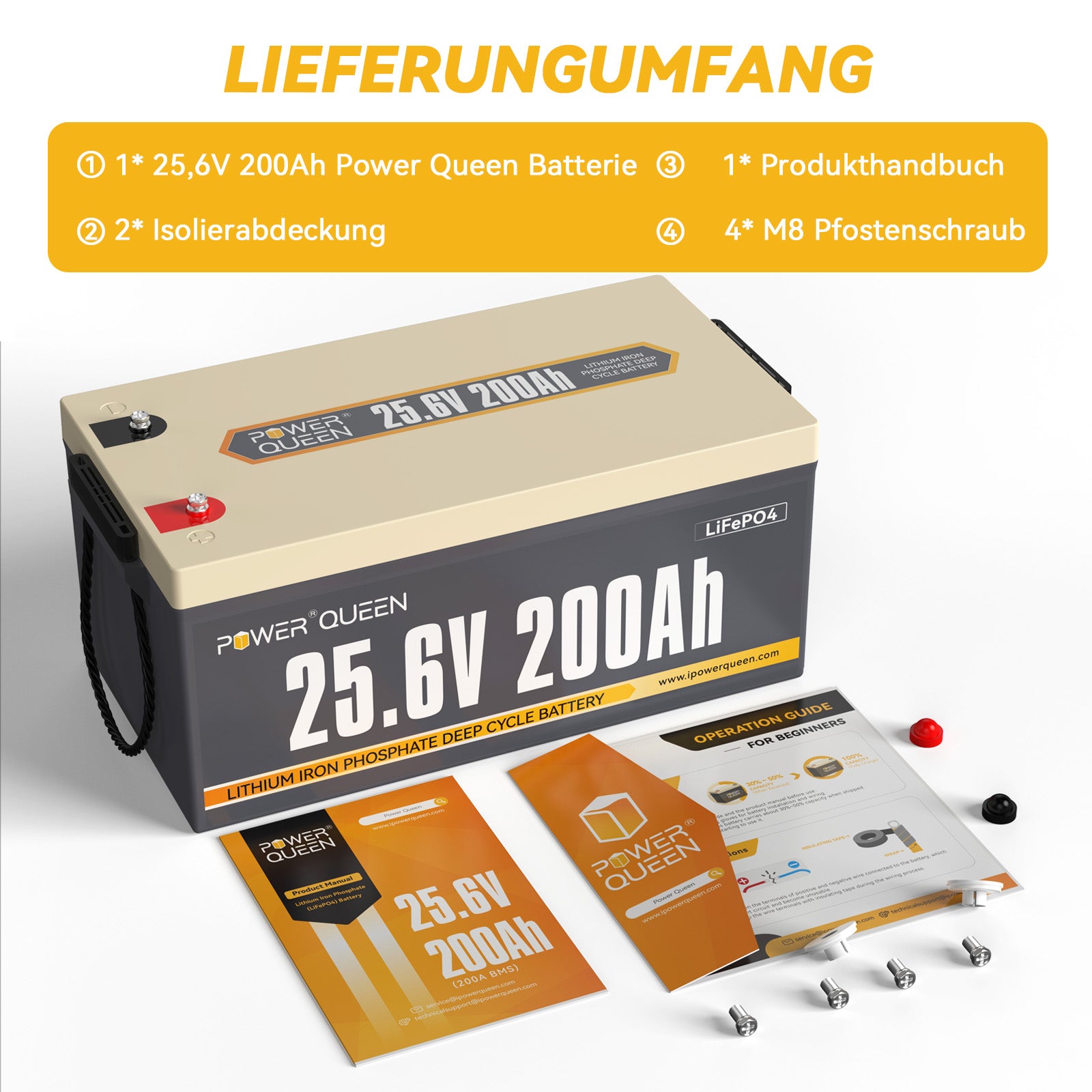 【0% MwSt.】Power Queen 24V 200Ah LiFePO4 Batterie, Eingebautes 200A BMS