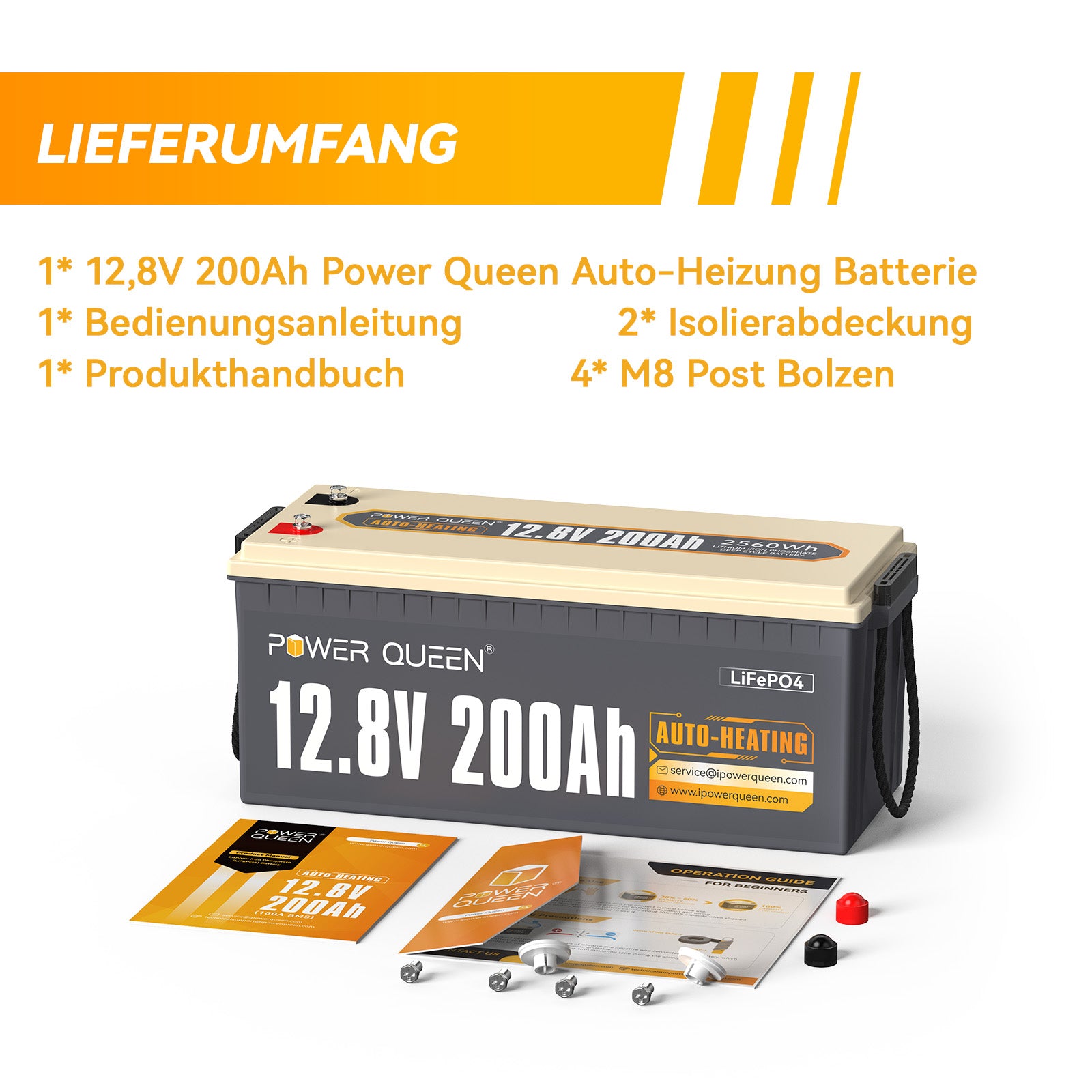 【0% VAT】Power Queen 12.8V 200Ah Self-Heating LiFePO4 Battery, Built-in 100A BMS