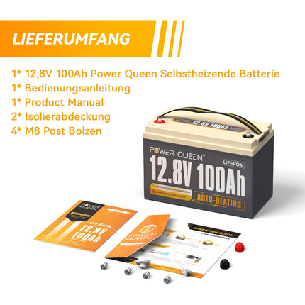 【0% BTW】Power Queen 12V 100Ah zelfverwarmende LiFePO4-batterij, ingebouwd 100A BMS