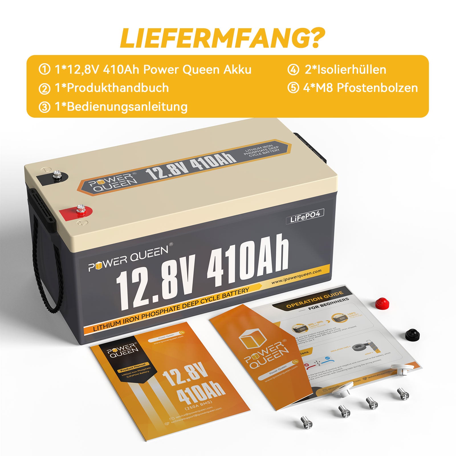 【0% MwSt.】Power Queen 12V 410Ah LiFePO4 Batterie, Eingebautes 250A BMS