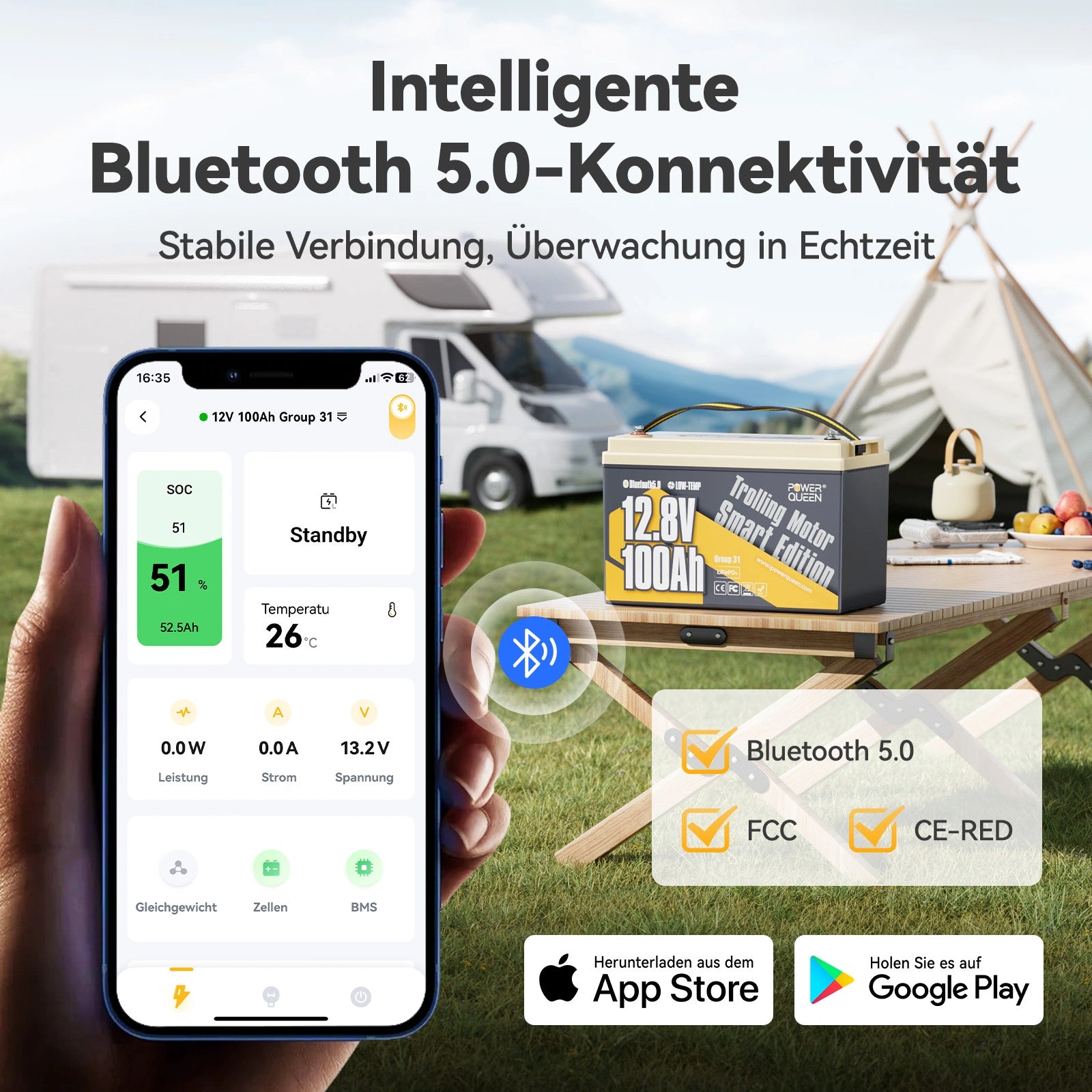 Power Queen LiFePO4 12V 100Ah Bateria de motor elétrico inteligente de baixa temperatura