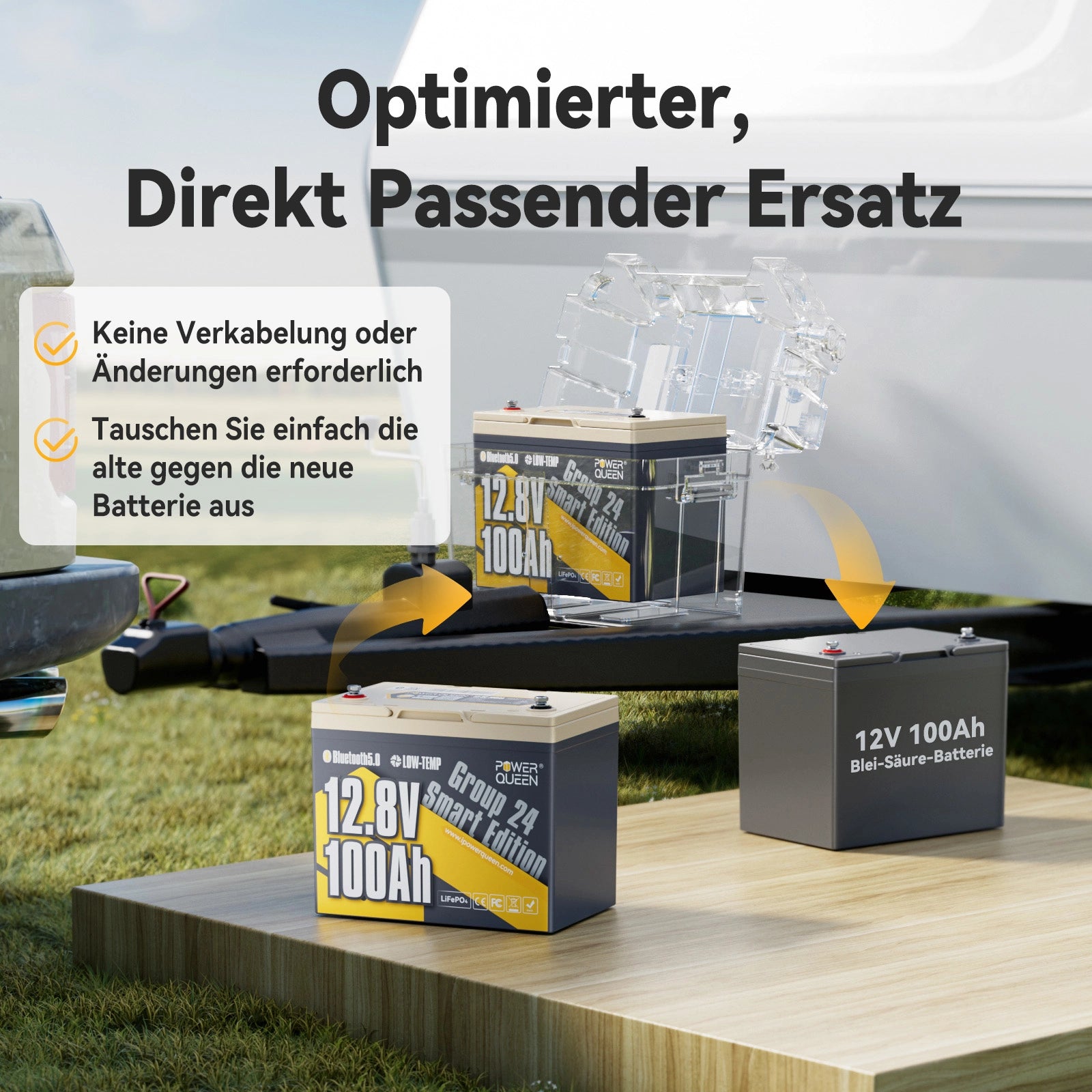 【0% MwSt.】Power Queen 12V 100Ah Gruppe 24 Smart LiFePO4 Batterie mit Bluetooth