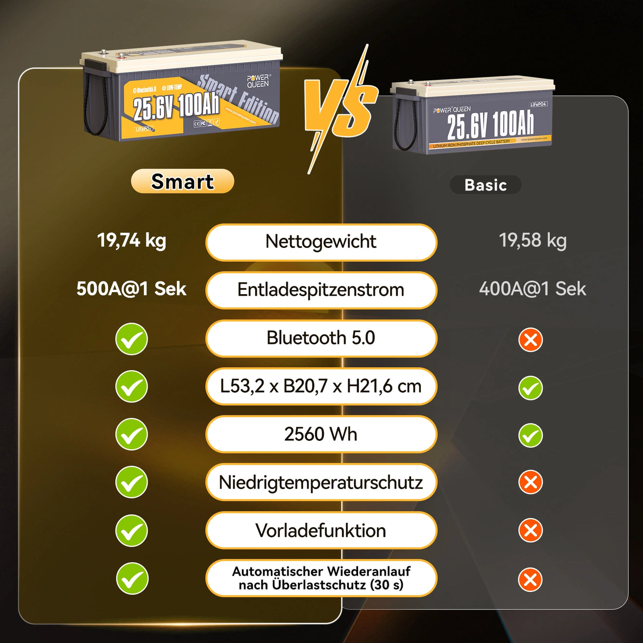 Power Queen LiFePO4 24V 100Ah Smart Solarbatterie mit Bluetooth