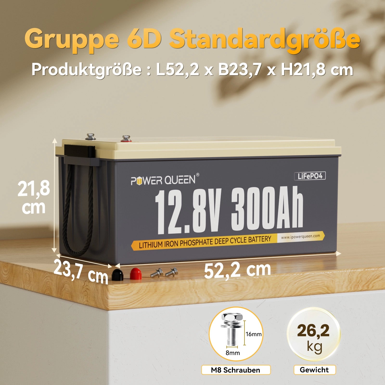 Power Queen 12V 300Ah Batteria LifePo4, integrata 200A BMS