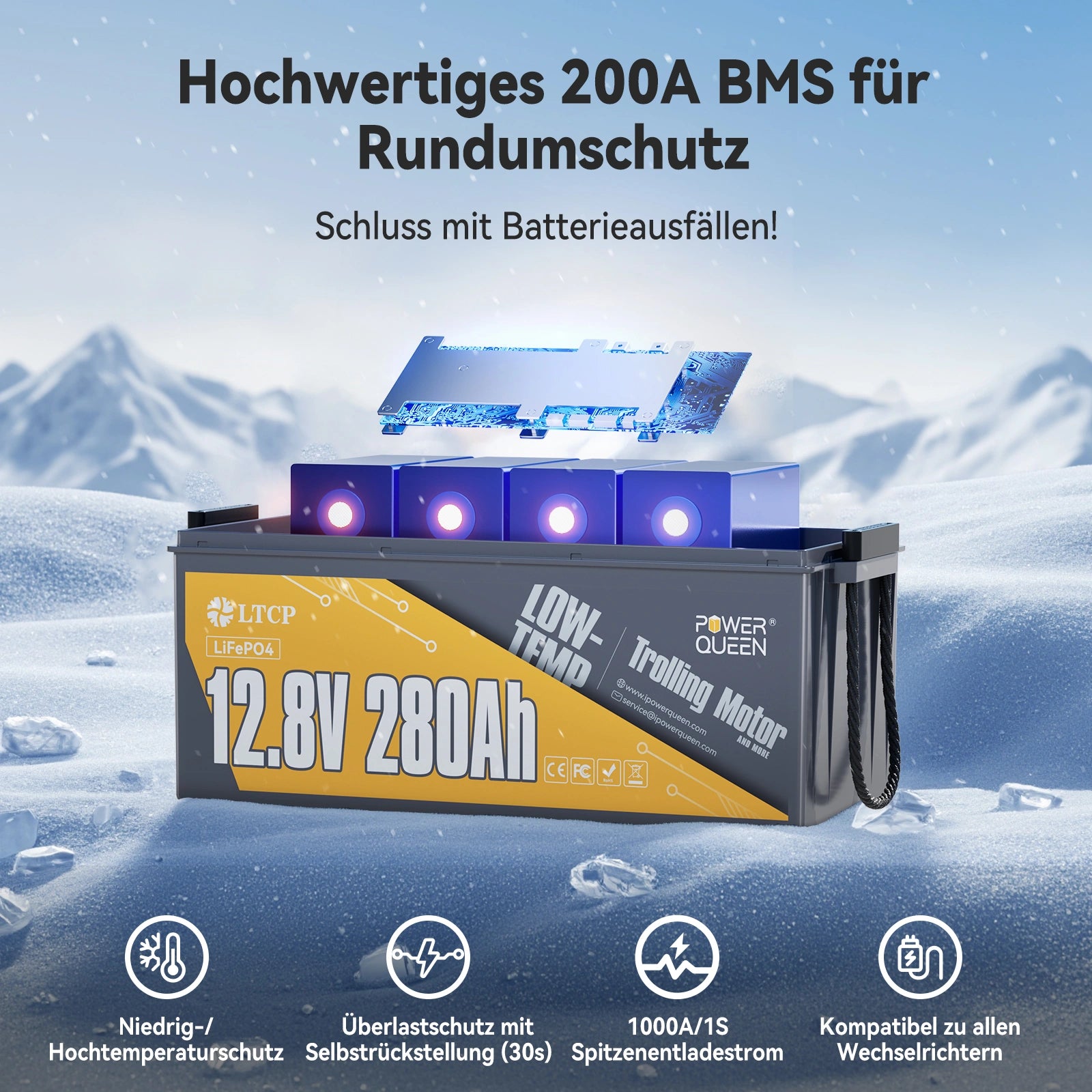 Power Queen LifePO4 12V a bassa temperatura 280A AH con 200a bms