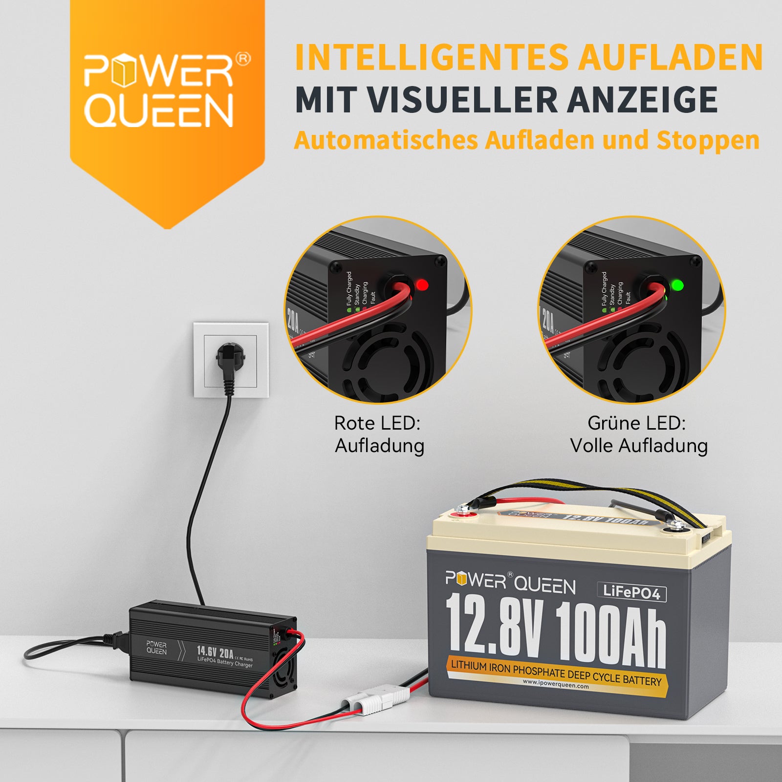 Carregador Power Queen 14,6V 20A LiFePO4 para bateria 12V LiFePO4