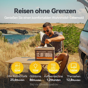 Power Queen 12V 100Ah LiFePO4 Batterie, Eingebautes 100A BMS