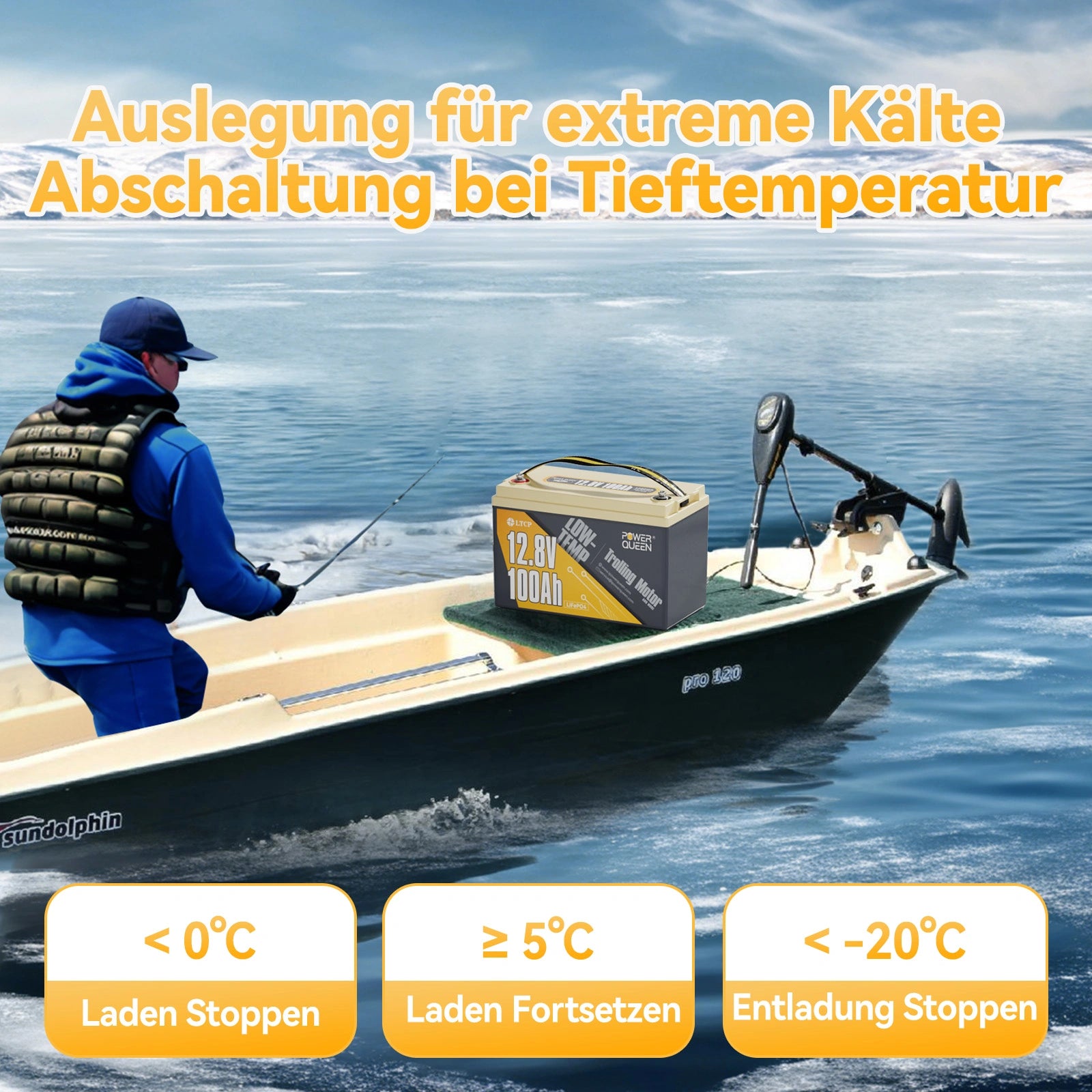 Power Queen LiFePO4 12V 100Ah bateria de motor elétrico de baixa temperatura