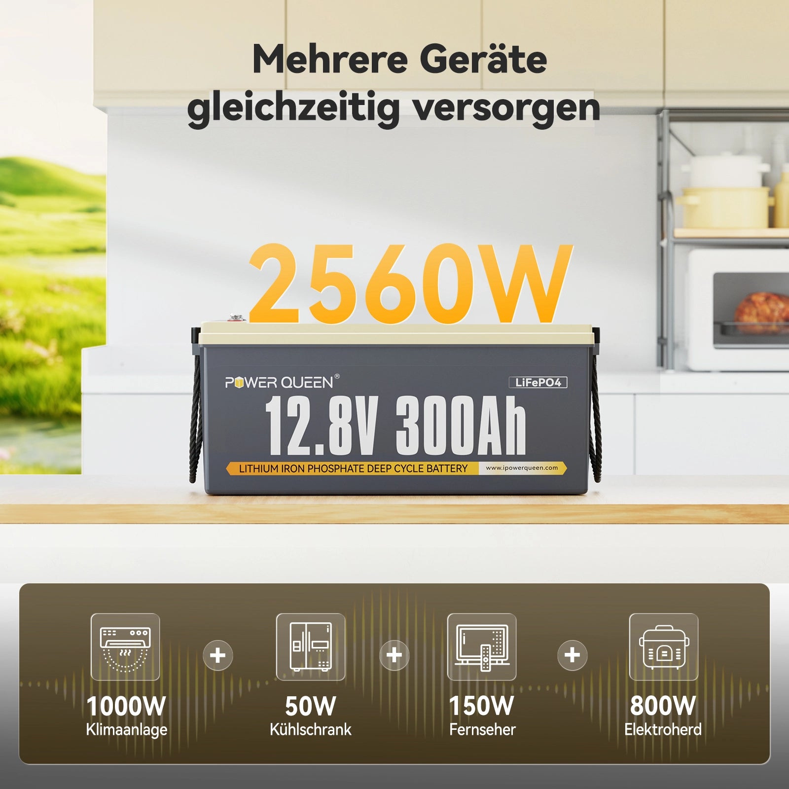 Power Queen 12V 300Ah Batteria LifePo4, integrata 200A BMS