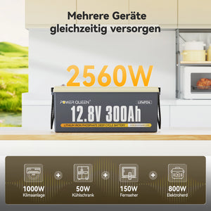 Power Queen 12V 300Ah LiFePO4 Batterie, Integriertes 200A BMS