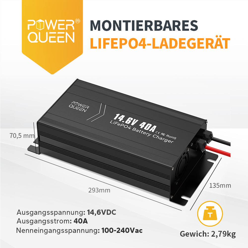 Chargeur Power Queen 14,6V 40A LiFePO4 sans poignée pour batterie 12V LiFePO4
