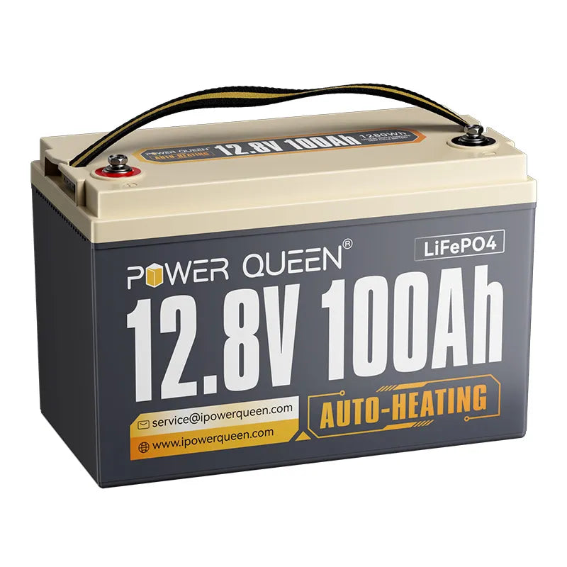 Bateria Power Queen 12V 100Ah com autoaquecimento LiFePO4, 100A BMS integrada