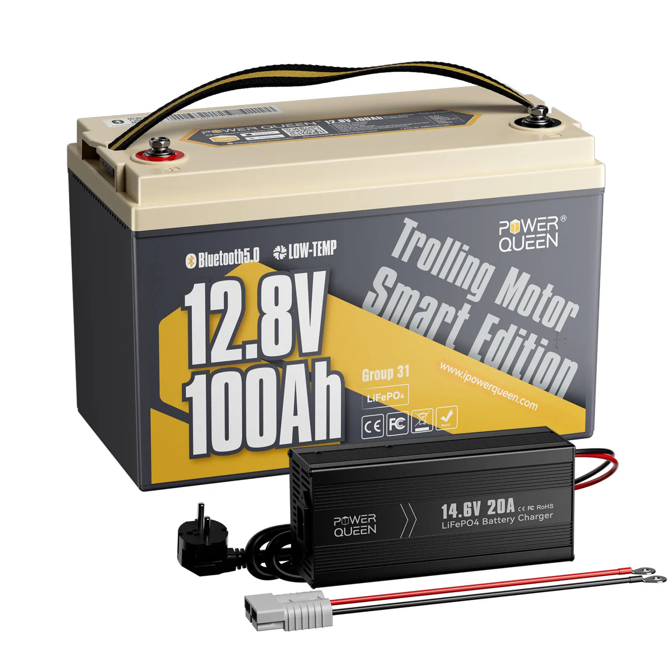 Power Queen LiFePO4 12V 100Ah Niedertemperatur Smart Elektromotor Batterie