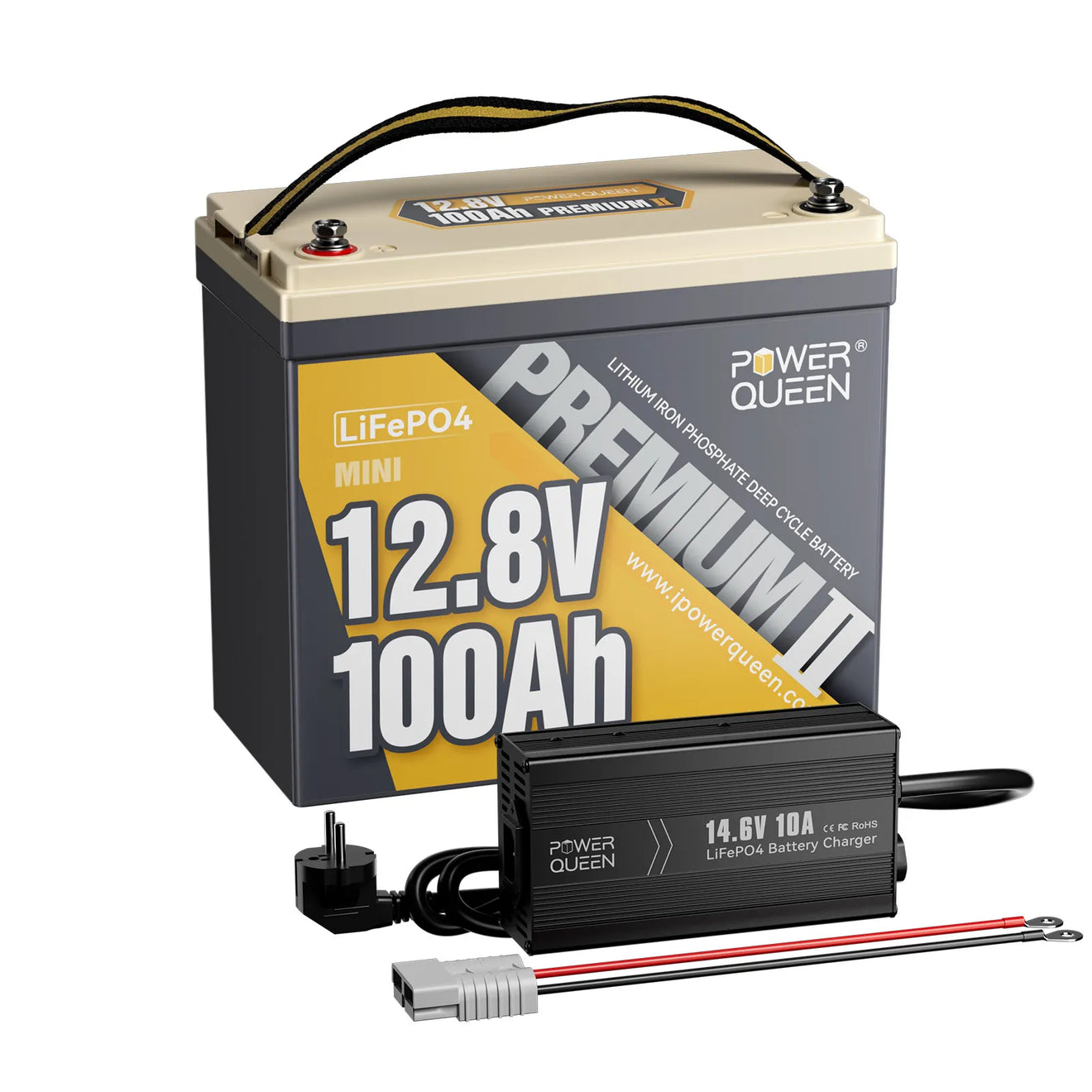 Power Queen 12V 100Ah Mini LiFePO4-batterij, geïntegreerd 100A BMS