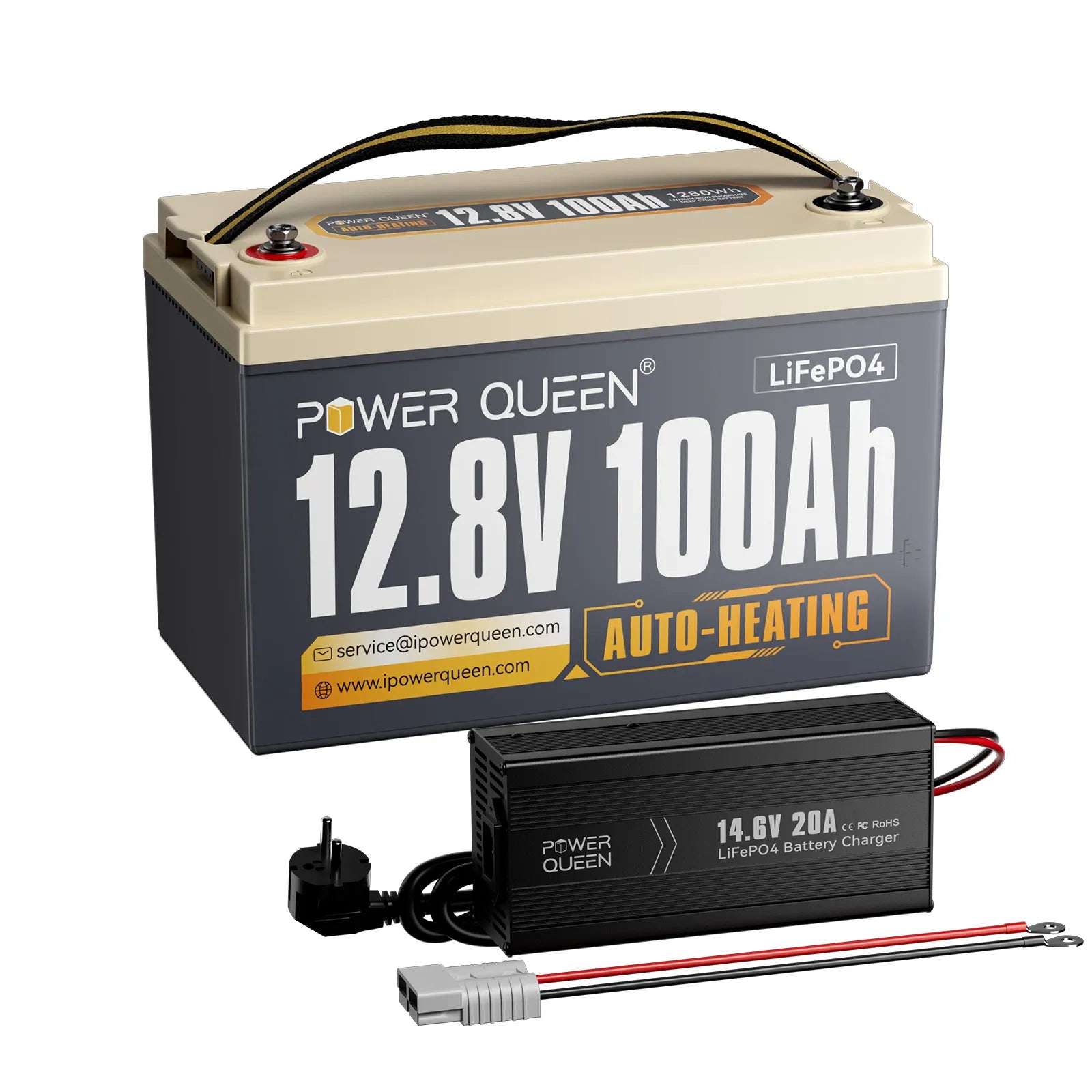 Bateria Power Queen 12V 100Ah com autoaquecimento LiFePO4, 100A BMS integrada