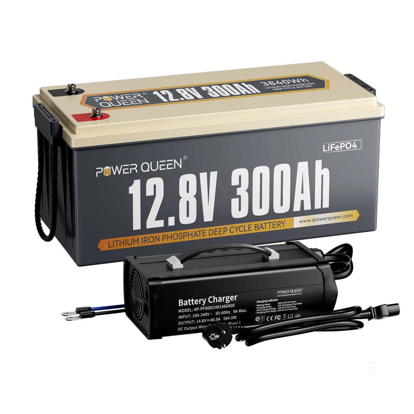 Power Queen 12V 300Ah LiFePO4 Batterie, Integriertes 200A BMS
