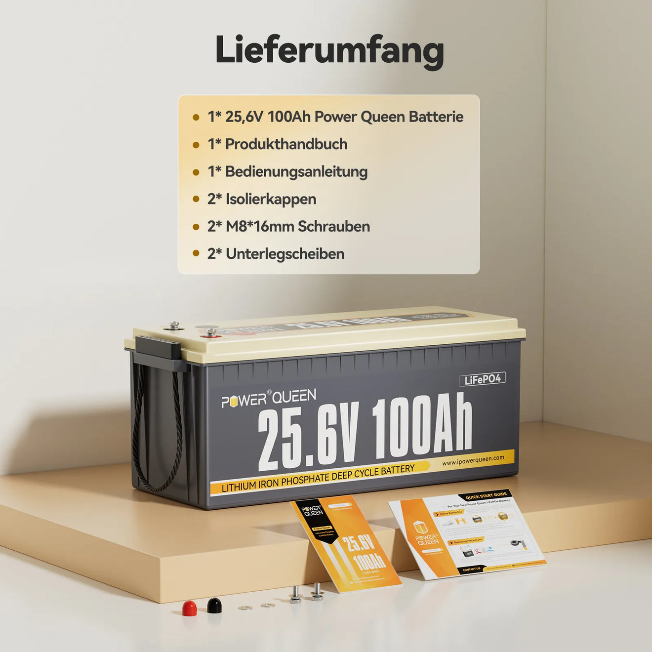 Power Queen 24V 100Ah LiFePO4 Batterie, Eingebautes 100A BMS