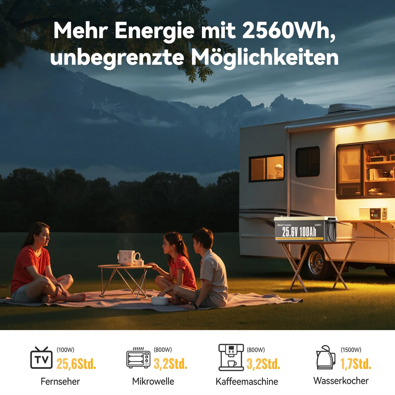 Power Queen 24V 100Ah LiFePO4 Batterie, Eingebautes 100A BMS