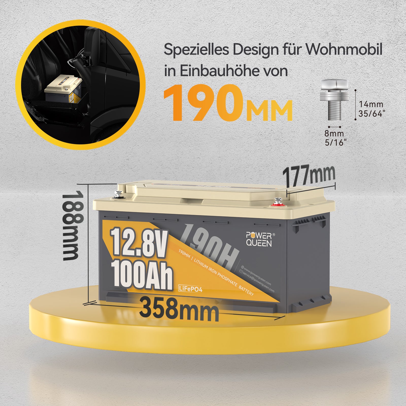 12,8V 100Ah 190H Lithium Batterie für Wohnmobile 190mm