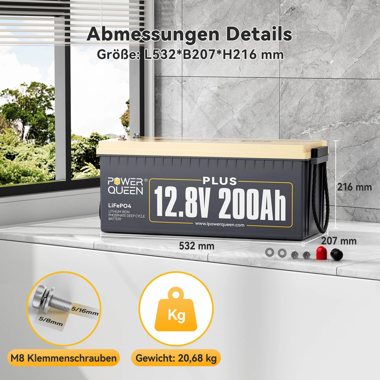 Power Queen 12,8V 200Ah Plus LiFePO4 Batterie, 200A BMS 4000-15000 Zyklen, 2560W Ladeleistung Power Queen 12,8V 200Ah Plus LiFePO4 Batterie, 200A BMS 4000-15000 Zyklen, 2560W Ladeleistung