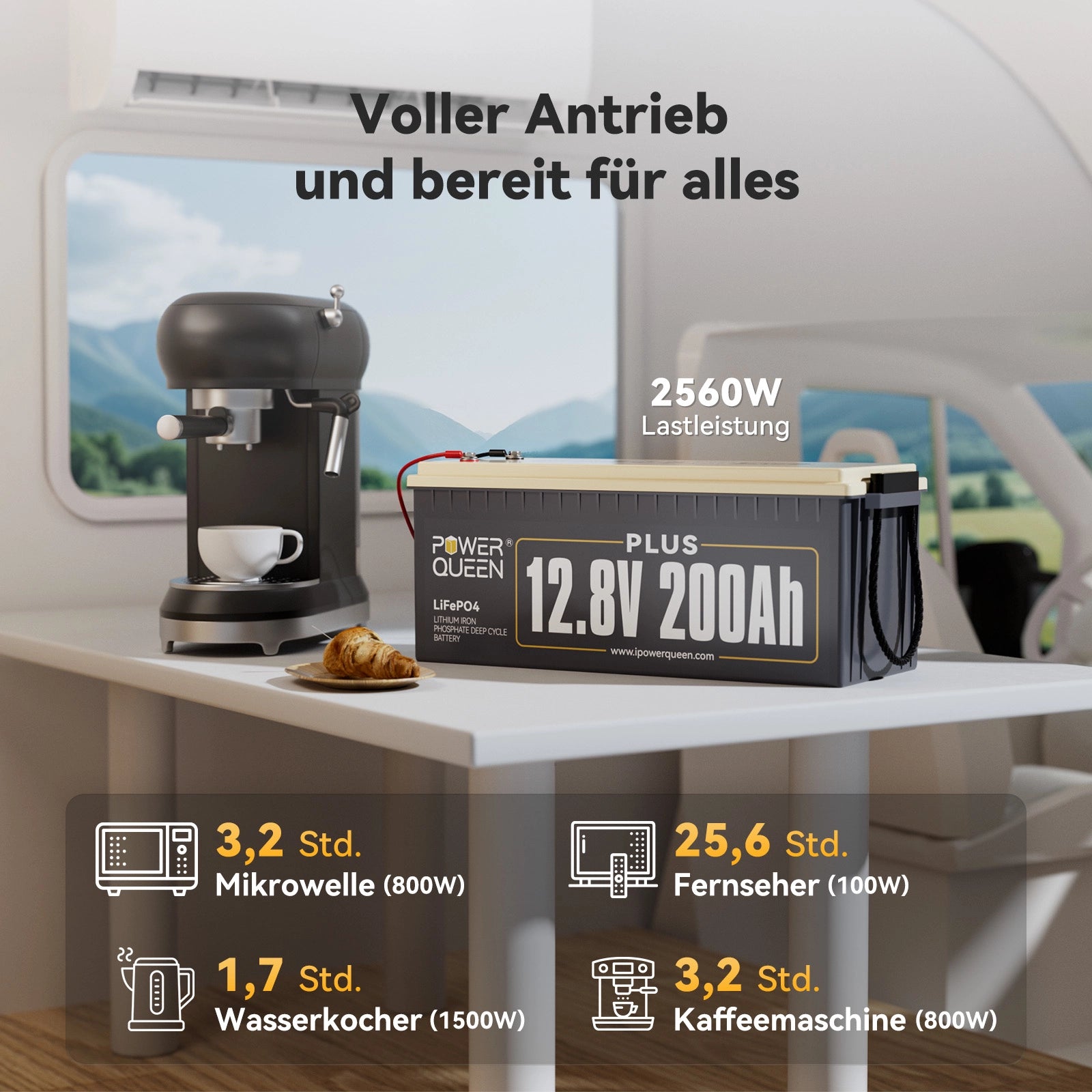 Batterie Power Queen 12 V 200 Ah Plus LiFePO4, BMS 200 A intégré