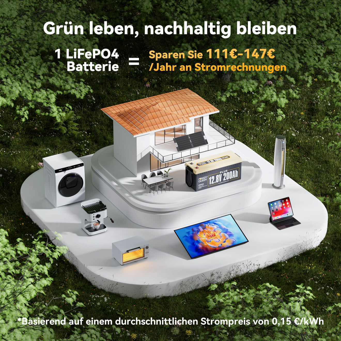 Power Queen 12V 200Ah Plus LiFePO4 Batterie, Eingebautes 200A BMS