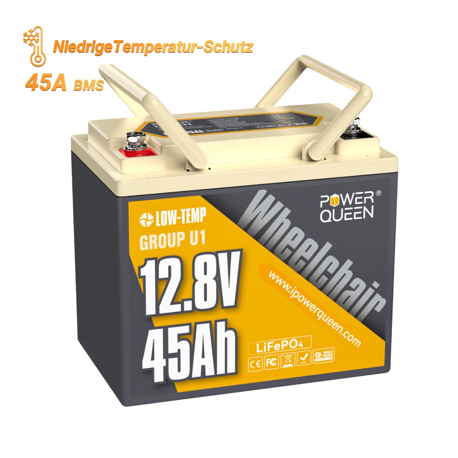 【0% MwSt.】Power Queen LiFePO4 12V 45Ah Gruppe U1 Elektromobil Batterie