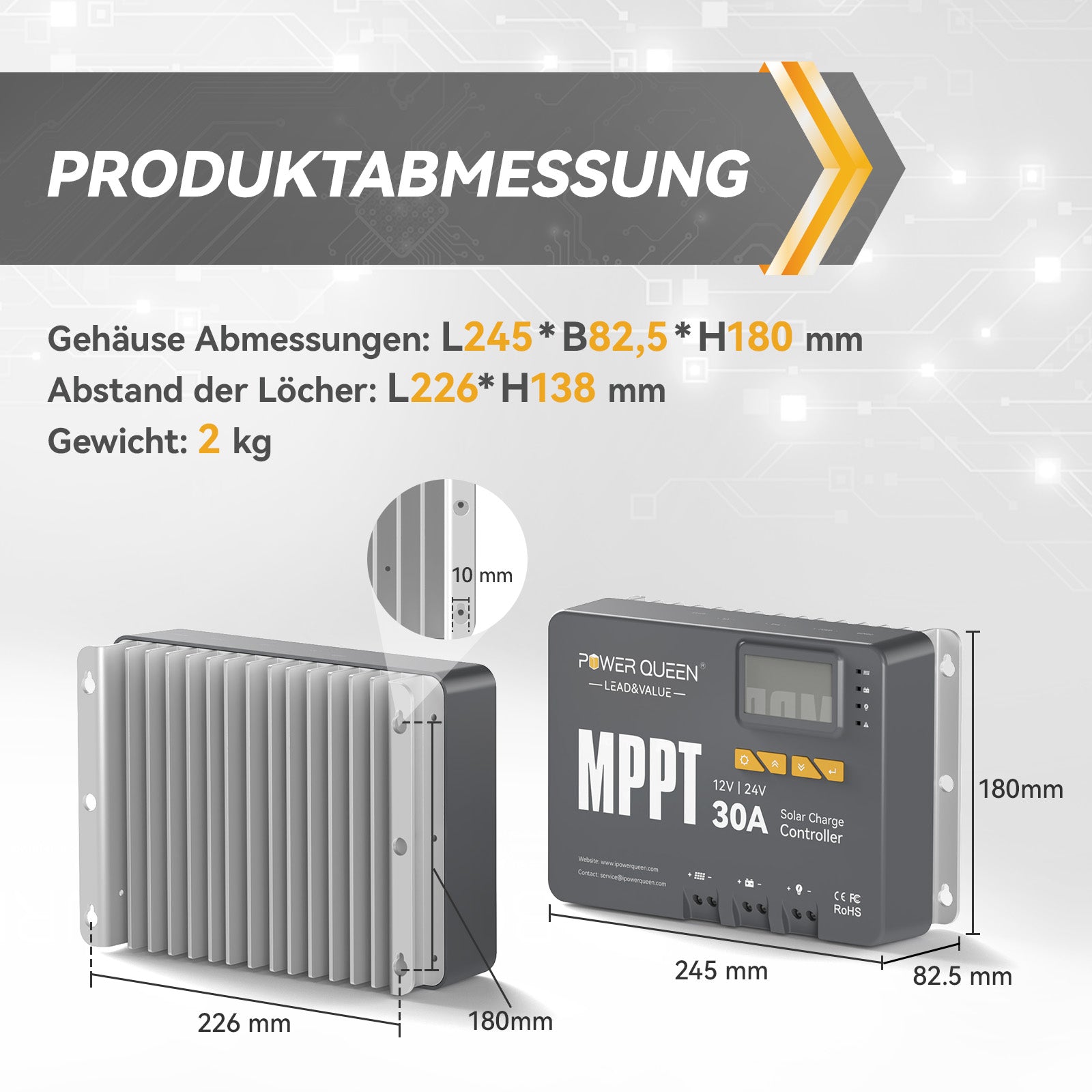 Contrôleur de charge solaire Power Queen MPPT 12/24 V 30 A avec module Bluetooth