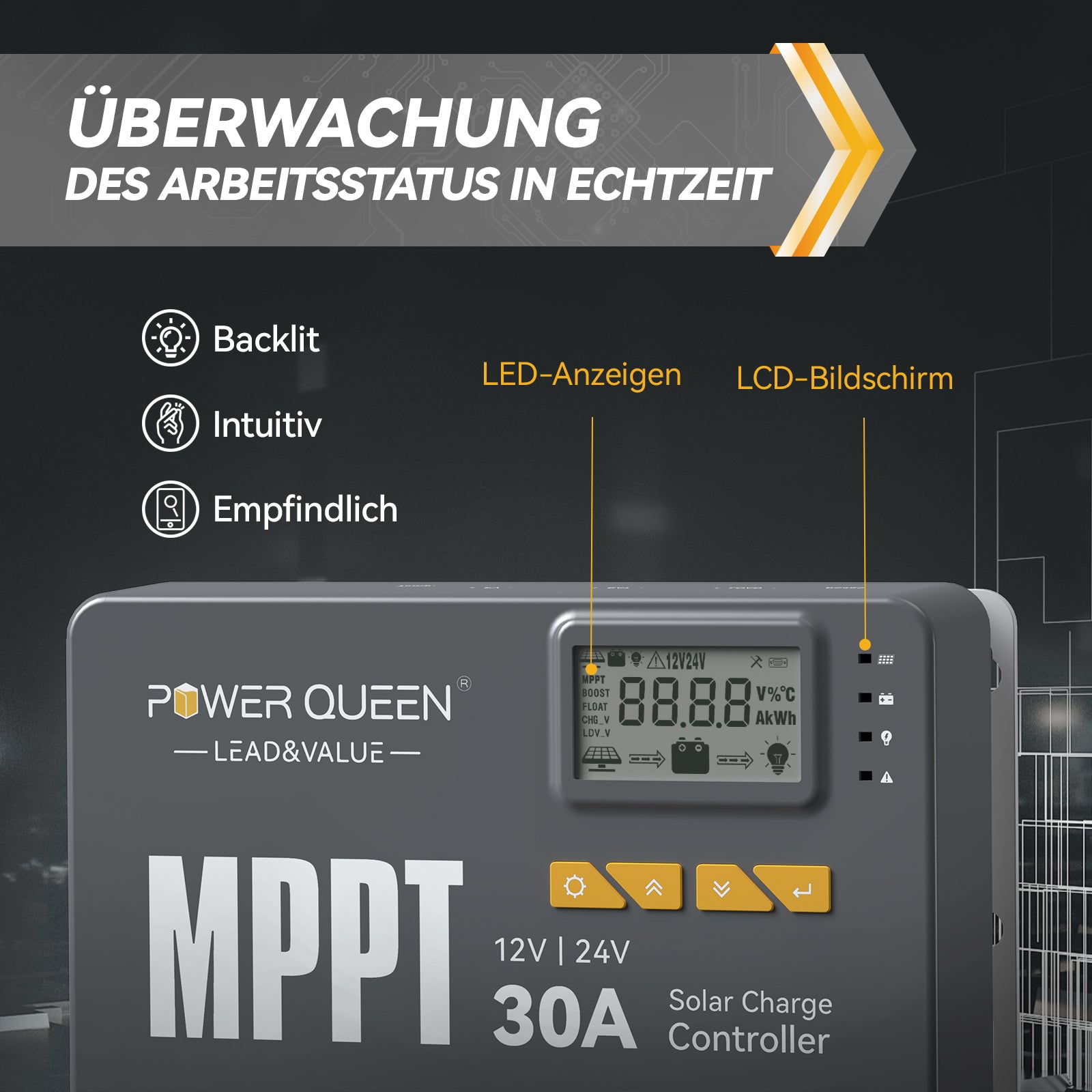 Contrôleur de charge solaire Power Queen MPPT 12/24 V 30 A avec module Bluetooth