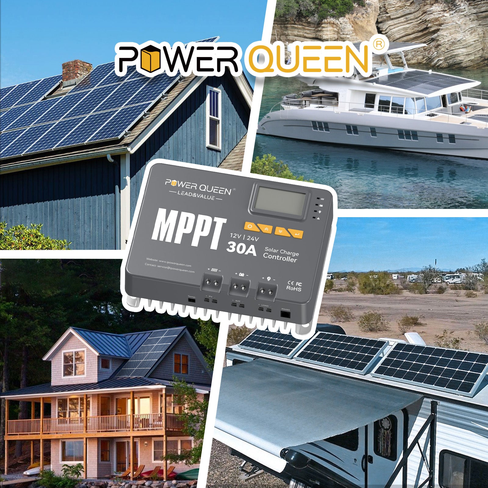 Contrôleur de charge solaire Power Queen MPPT 12/24 V 30 A avec module Bluetooth