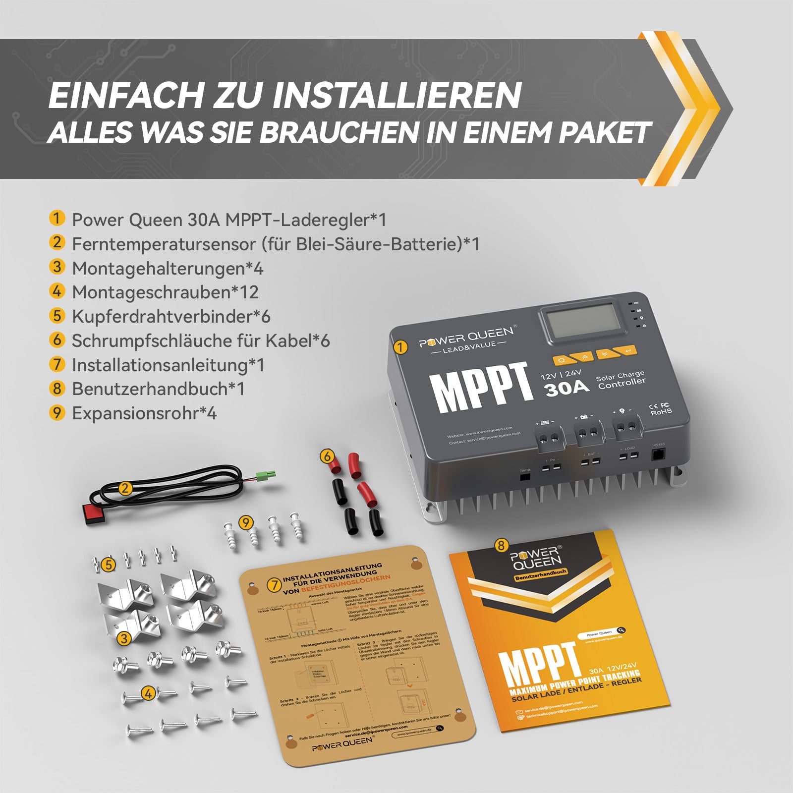 Contrôleur de charge solaire Power Queen MPPT 12/24 V 30 A avec module Bluetooth
