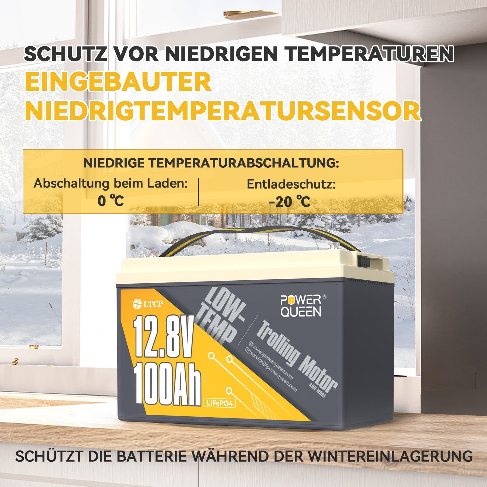 Power Queen 12,8V 100Ah Niedrigtemp LiFePO4-Akku, Trollingmotor Batterie