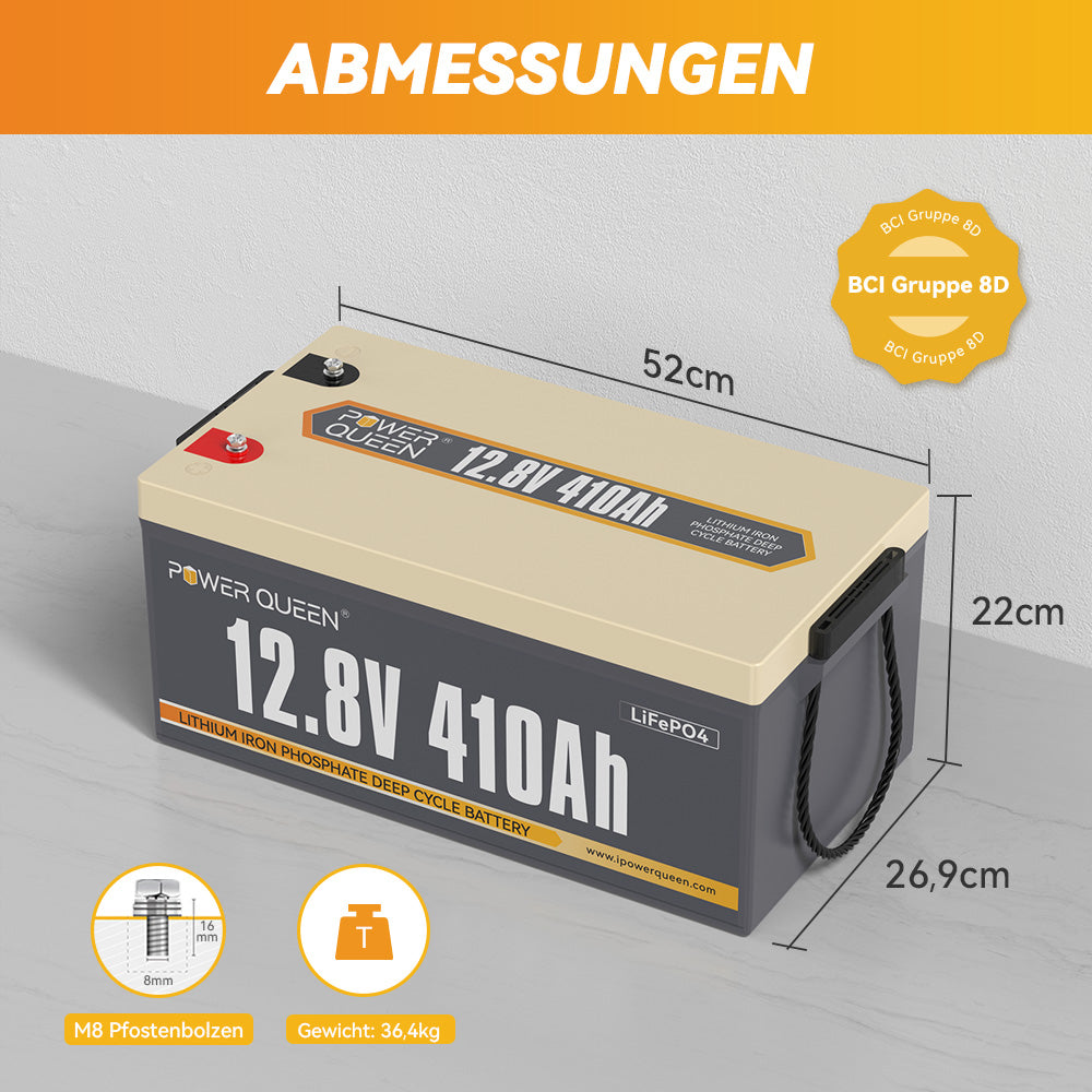 【0% MwSt.】Power Queen 12V 410Ah LiFePO4 Batterie, Eingebautes 250A BMS