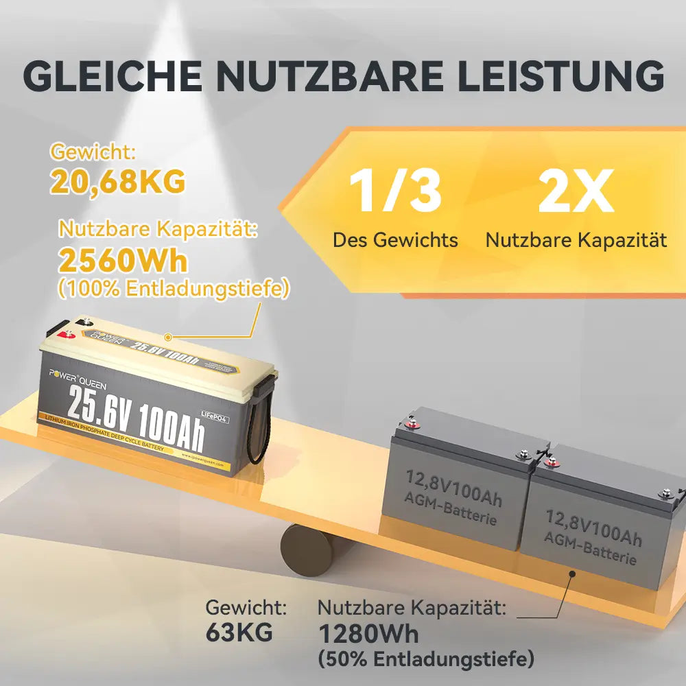 Power Queen 24V 100Ah LifePo4 batteria, costruita -in 100a bms