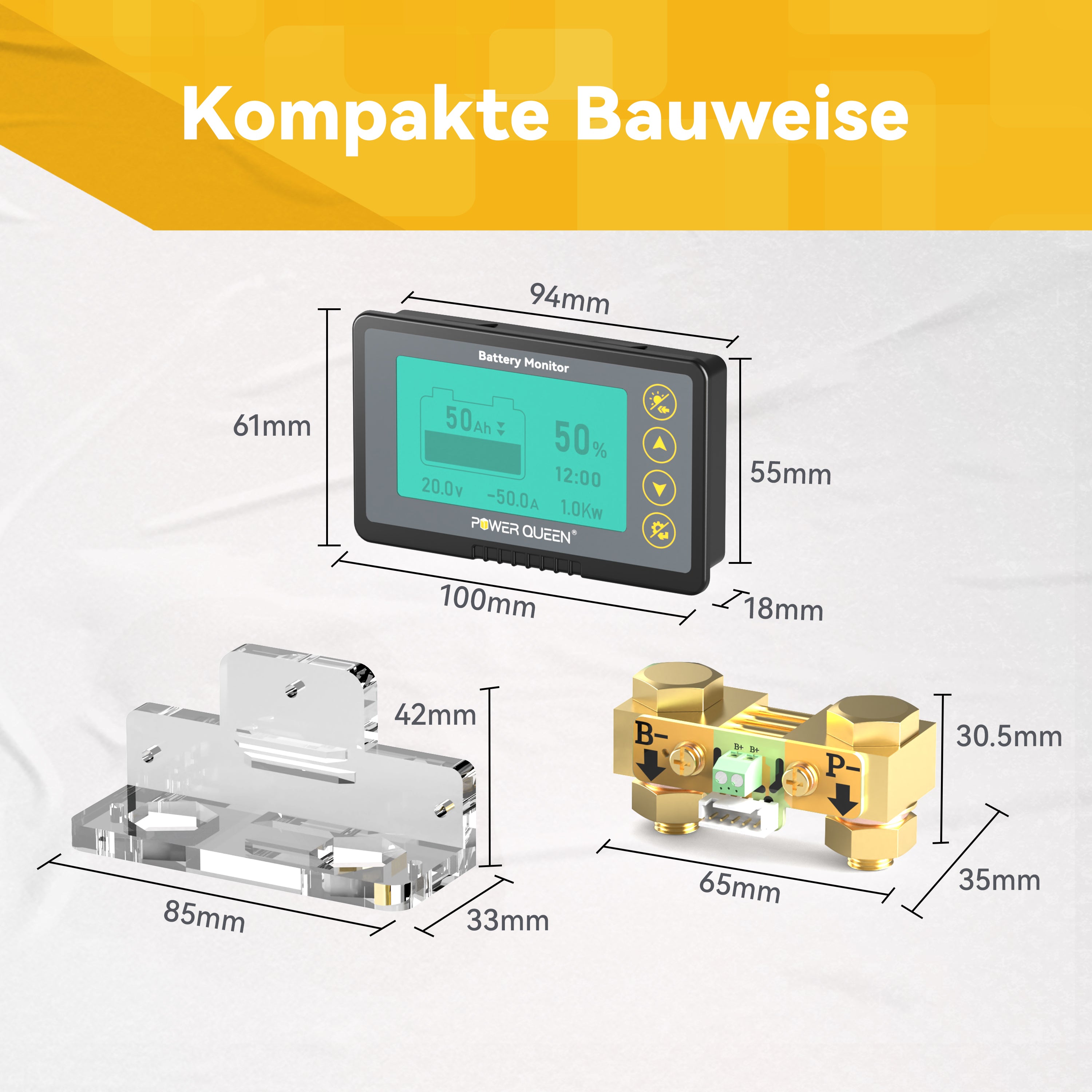 Power Queen 500A battery monitor with shunt, LCD display