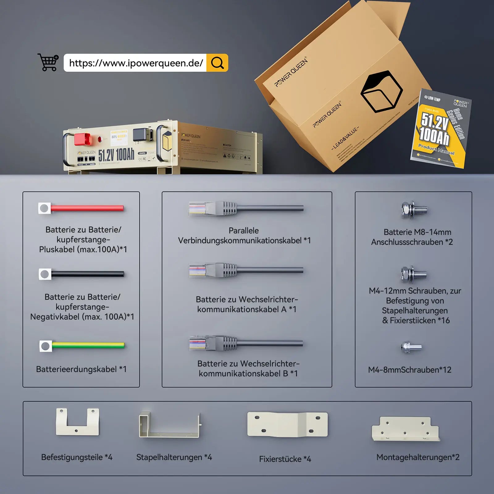 Bateria solar de rack de servidor Power Queen LiFePO4 51.2V 100Ah Smart 3U