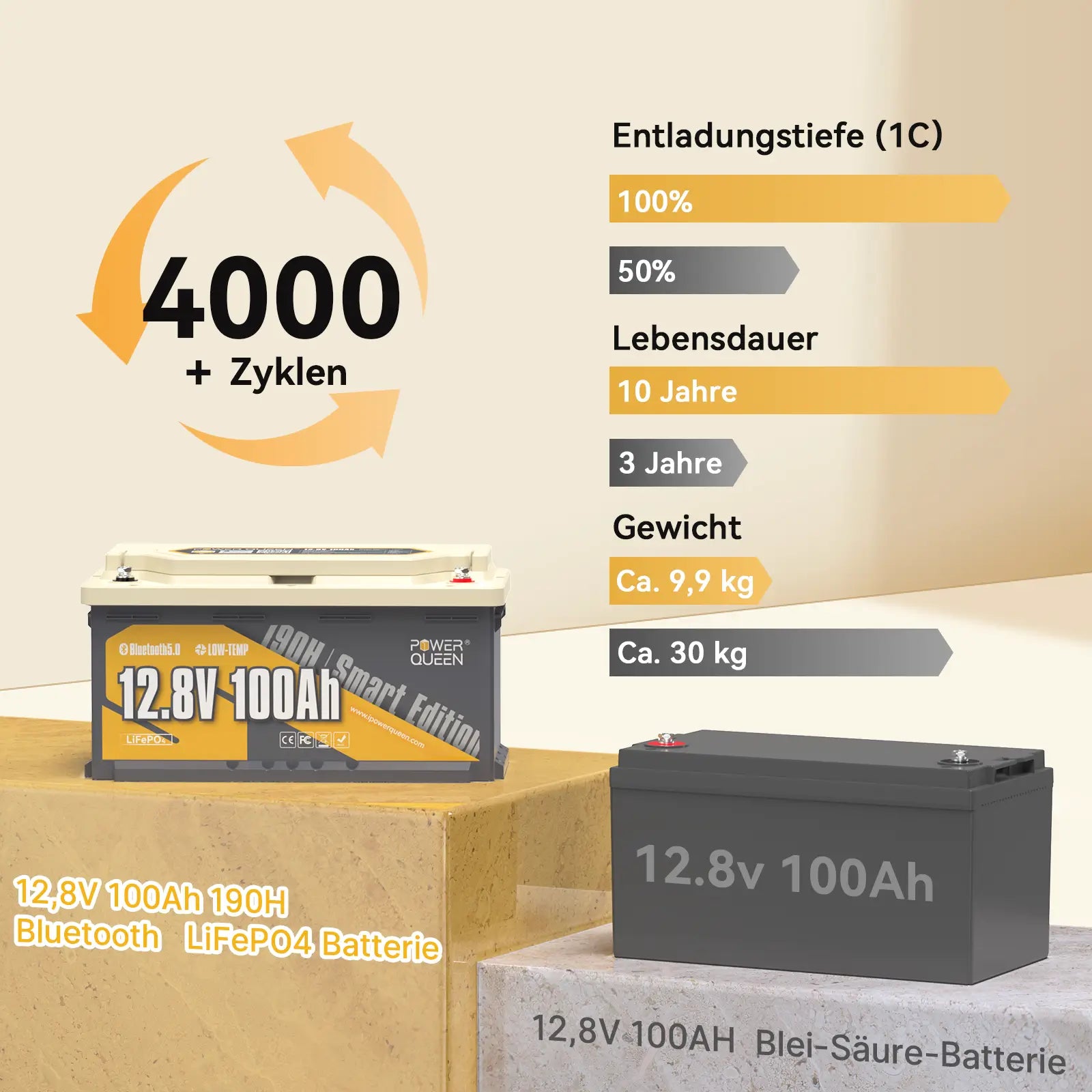 (Vorverkauf)【0% Mwst.】Power Queen LiFePO4 12V 100Ah 190H Smart Wohnmobil Batterie