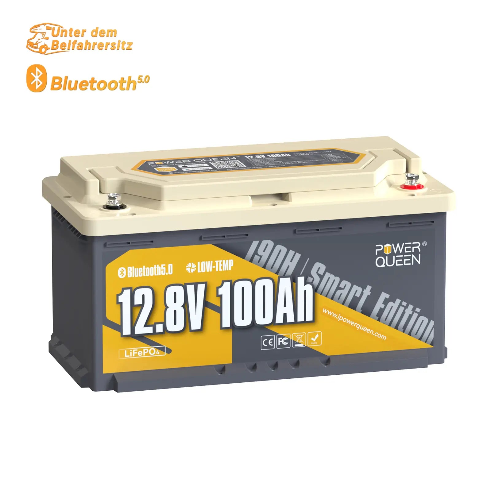 (Vorverkauf)【0% Mwst.】Power Queen LiFePO4 12V 100Ah 190H Smart Wohnmobil Batterie