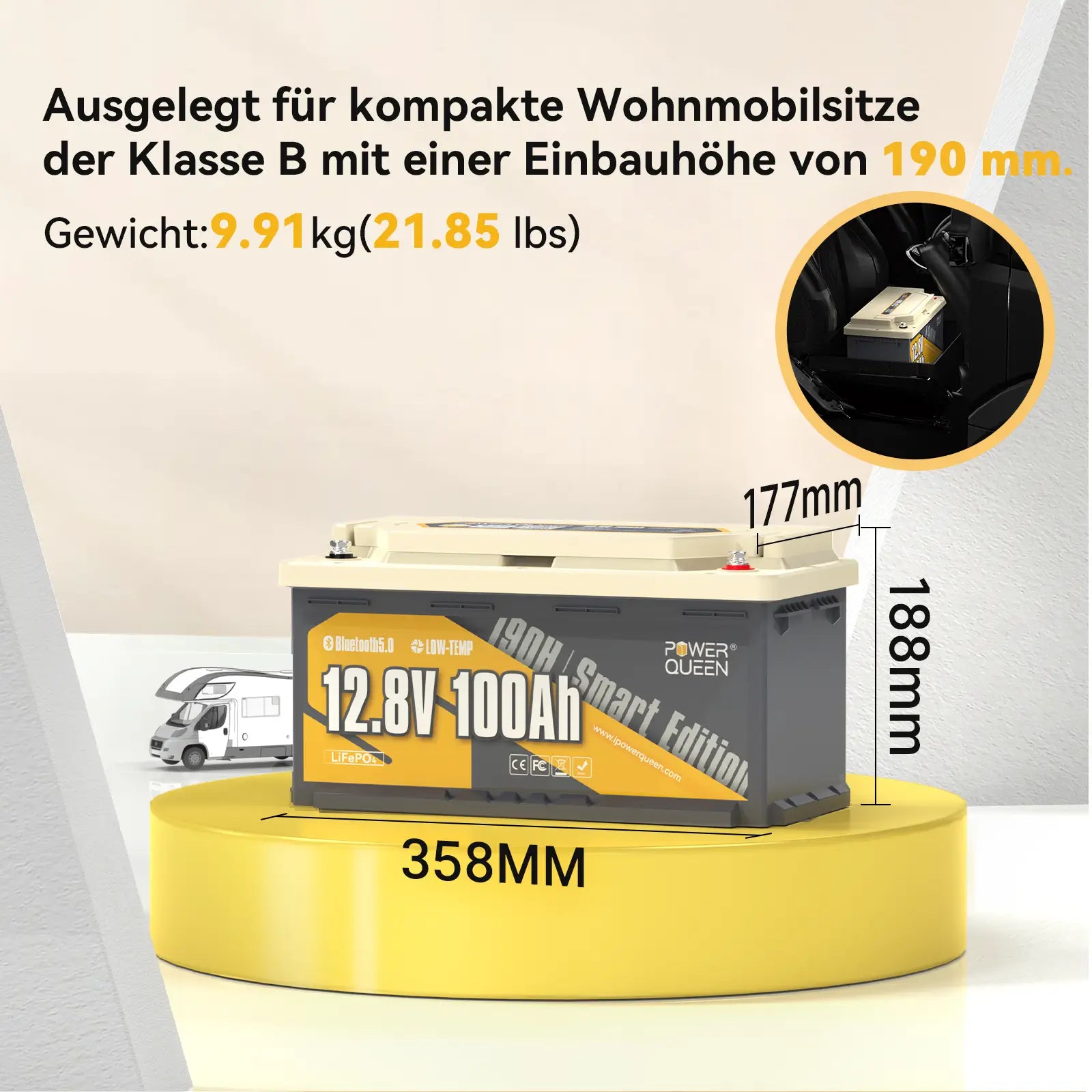 (Vorverkauf)【0% Mwst.】Power Queen LiFePO4 12V 100Ah 190H Smart Wohnmobil Batterie