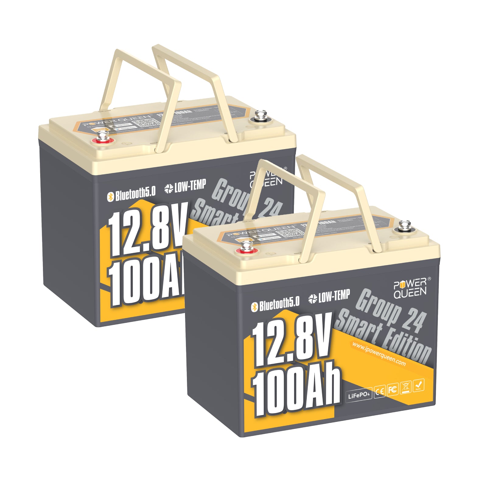 2 Power Queen 12V 100Ah Gruppe 24 Smart LiFePO4 Batterie mit Bluetooth