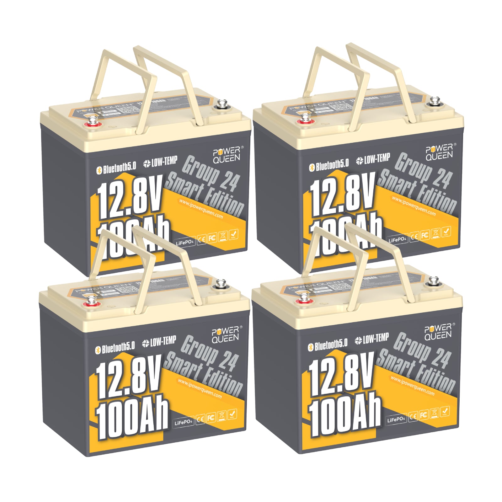 4 Power Queen 12V 100Ah Gruppe 24 Smart LiFePO4 Batterie mit Bluetooth